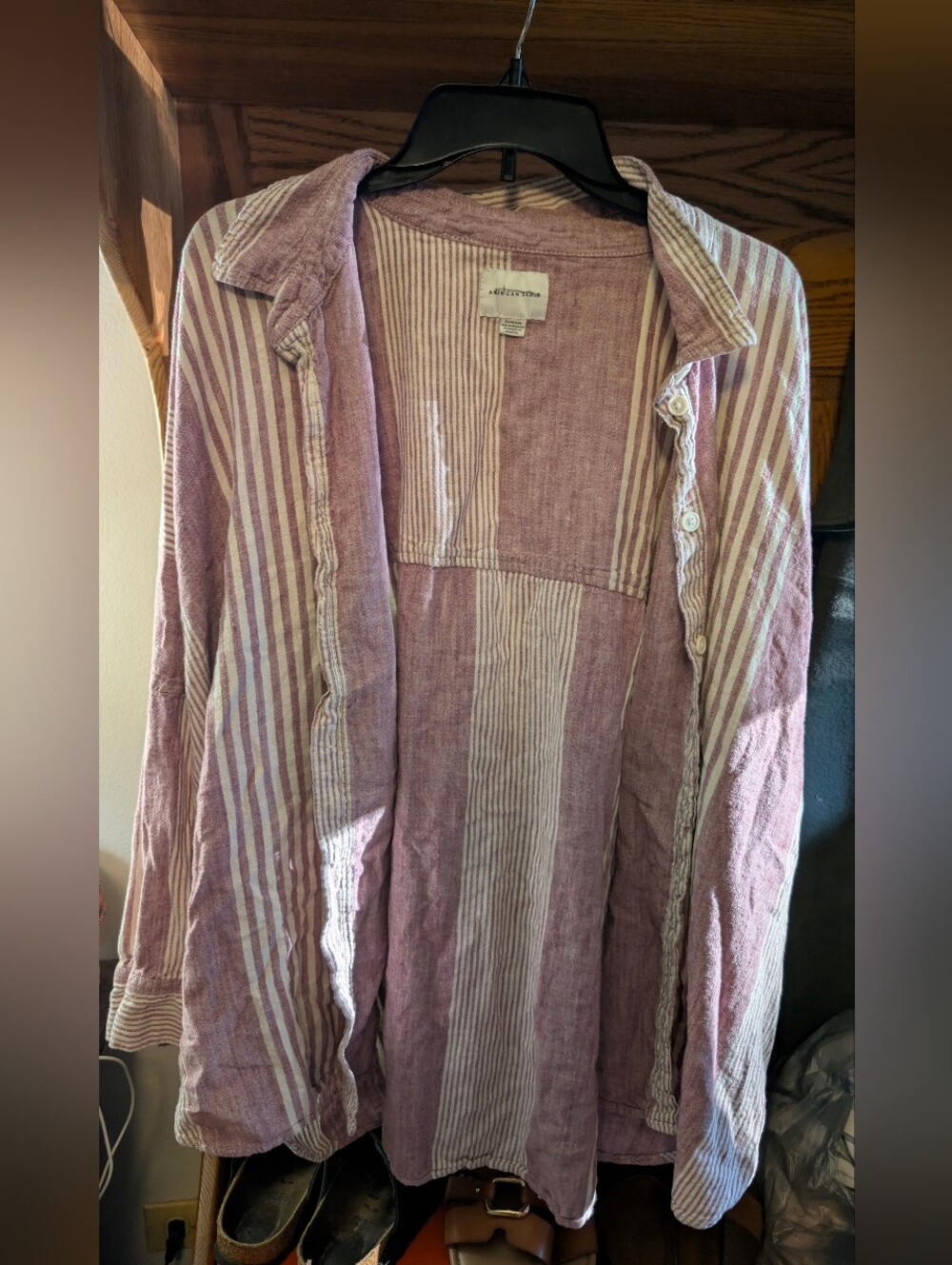 Anthropologie Striped Button-Front Shirt Jacket - Dusty Mauve & Cream